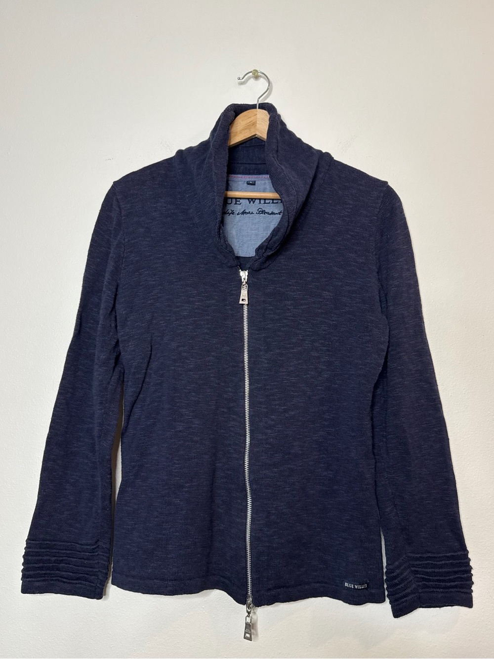 Blue Willis Linen Cotton Double Zip Slub Knit Cardigan Jacket in navy large